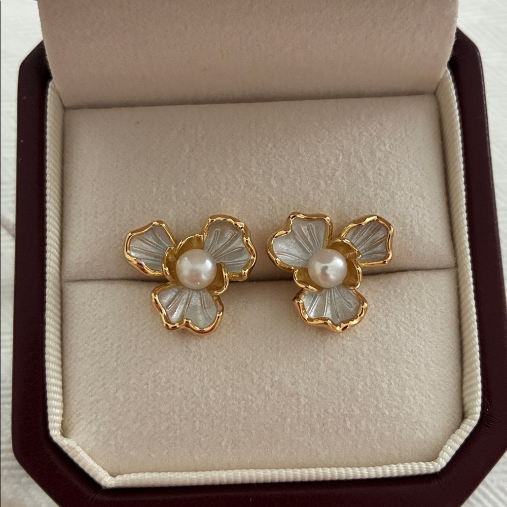 Gold Floral Pearl Earrings | Sterling Silver Posts | Elegant Gift for Her